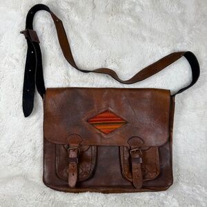 Vintage Brown Leather Messenger Satchel Bag Boho Indie